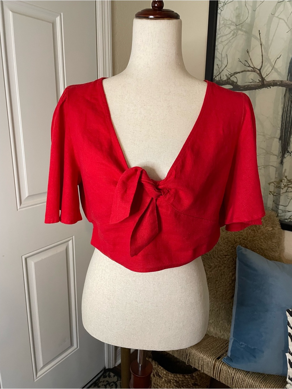 a new day Red Tie-Front Linen Blend Cropped Summer Blouse